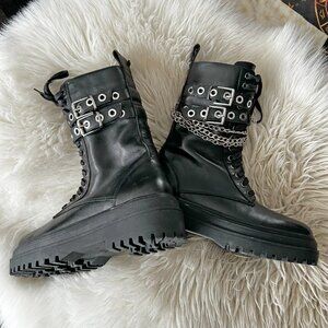 Zara Black Chain and Buckle Biker Lace Up Boots 8